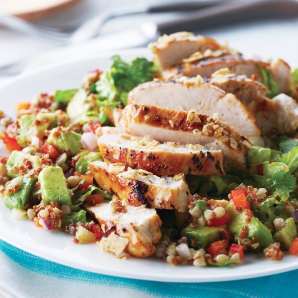 Grilled chicken on lime avocado quinoa salad Ancient Grains cookbook e1391449341464